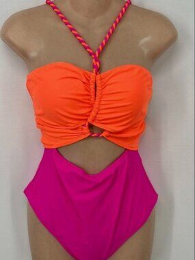 Popvil Orange Pink Colorblock Cutout Braided Halter One Piece Swimsuit M NWT